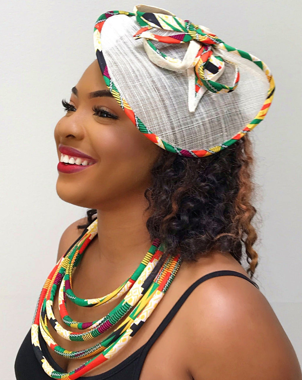 Deka African Print Fascinator Hair Clip Hat - Green / Yellow / Orange