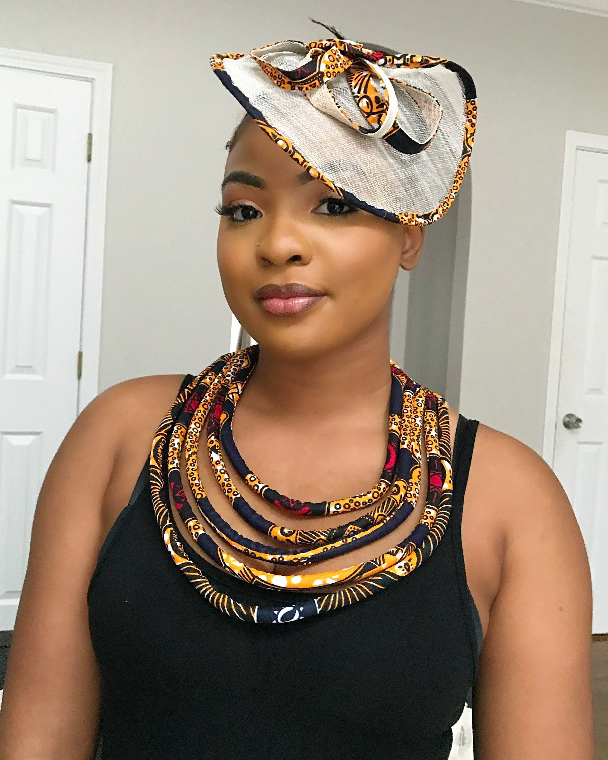 Bessa African Print Fascinator Hat - Navy blue / Orange
