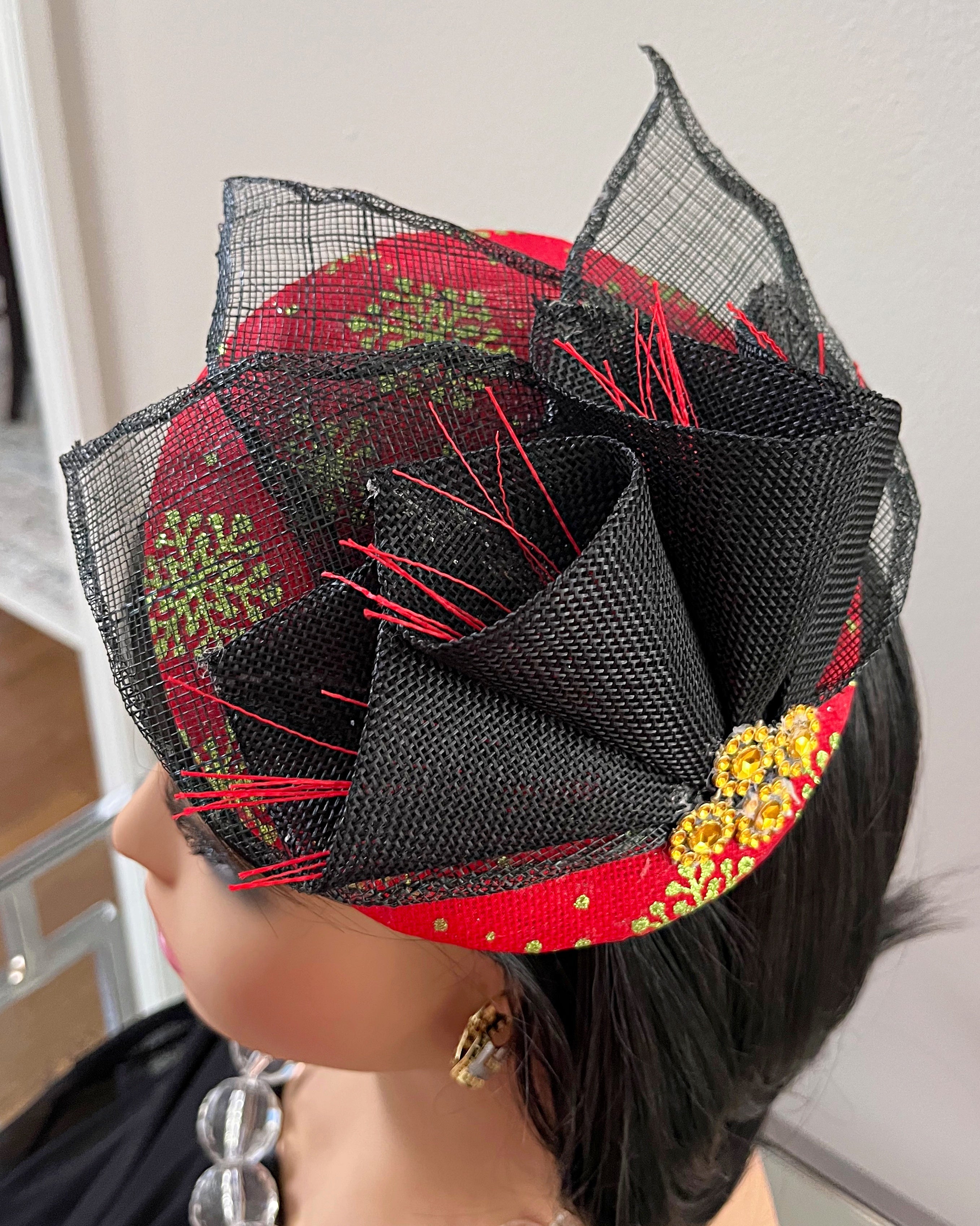 Gloria Fascinator Headband Hat for women- Red/ Black / Gold