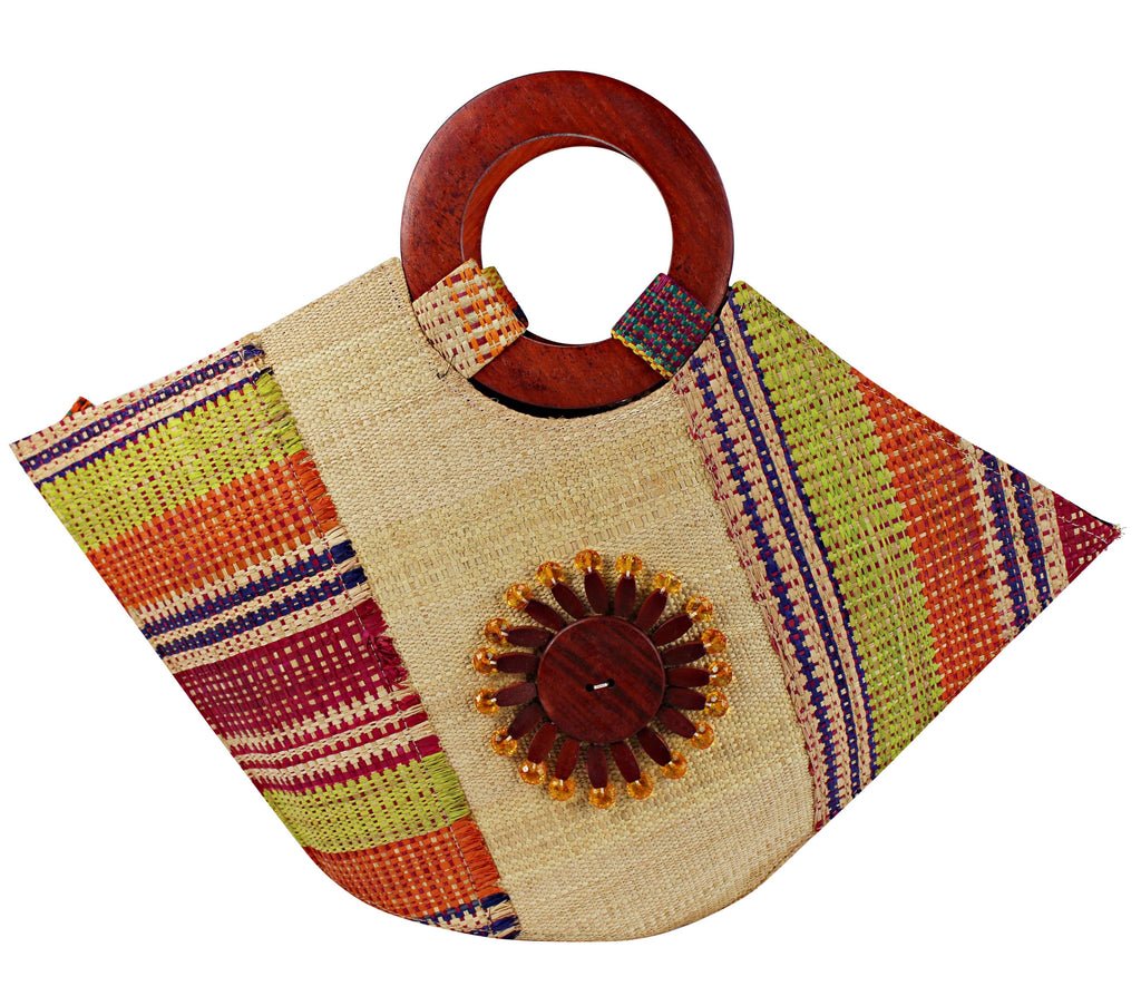 African Hand Woven Raffia Fibers Basket Bag with Wooden Handle
