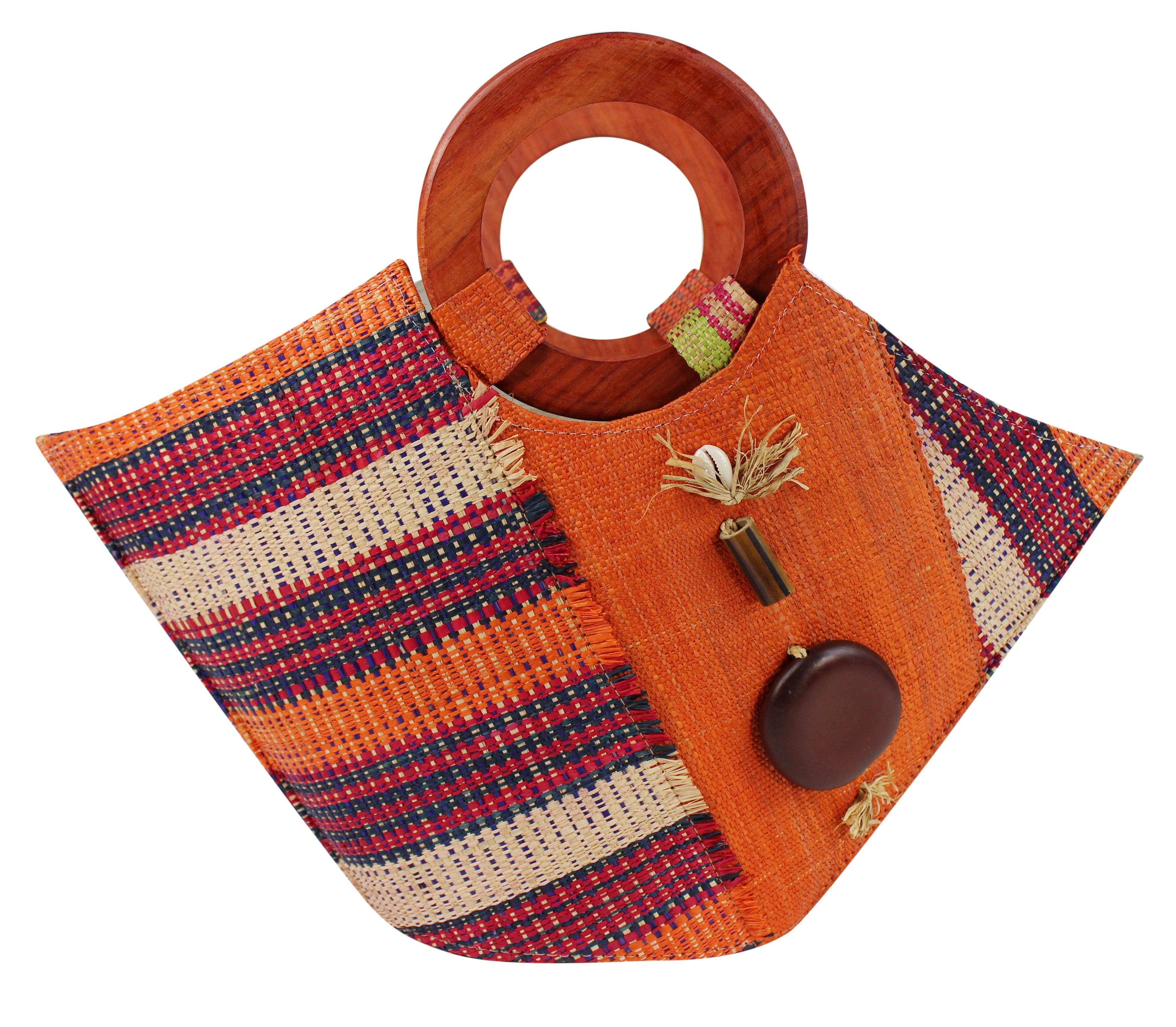 African Hand Woven Raffia Fibers Basket Bag with Wooden Handle