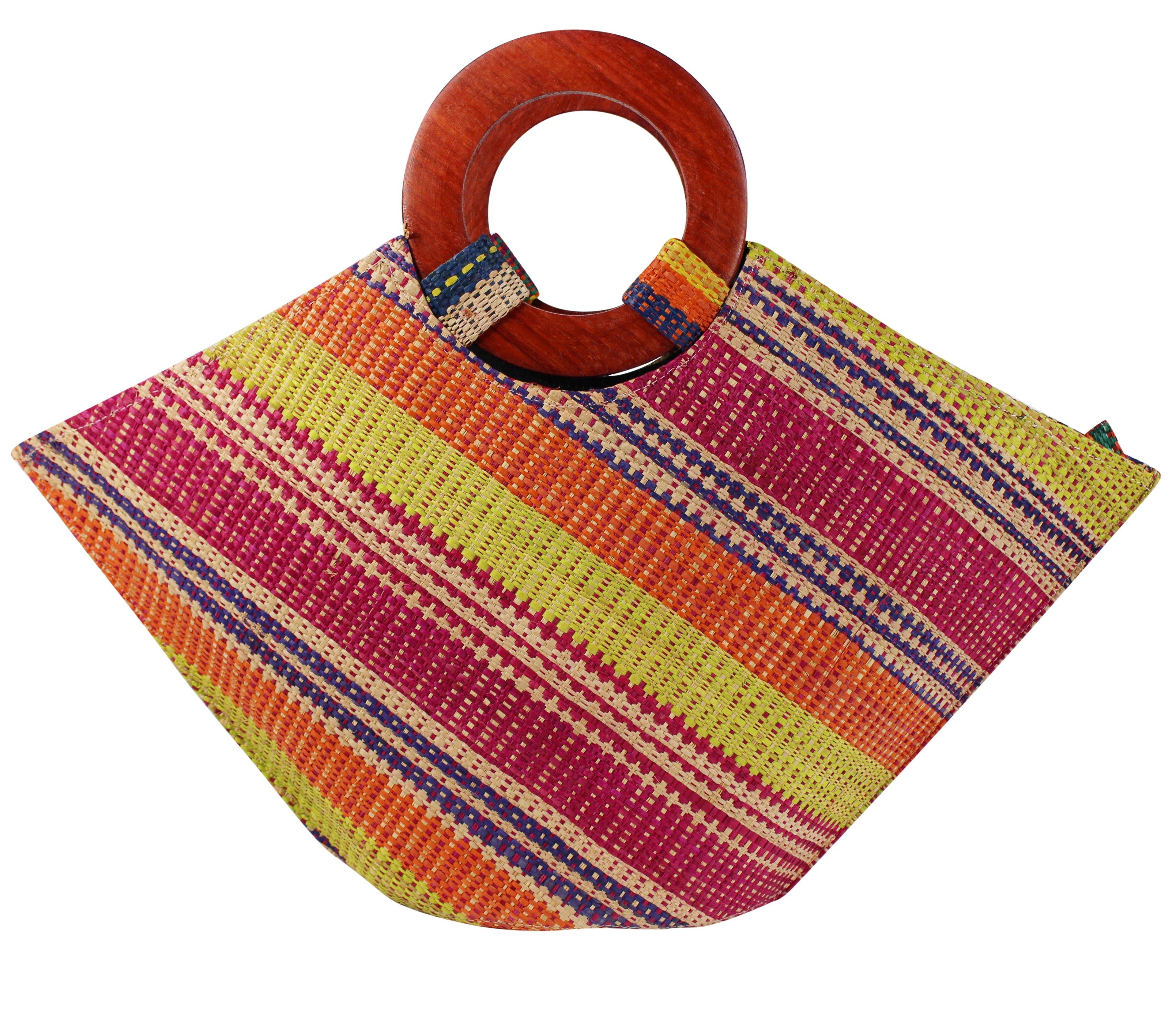 African Hand Woven Raffia Fibers Basket Bag with Wooden Handle