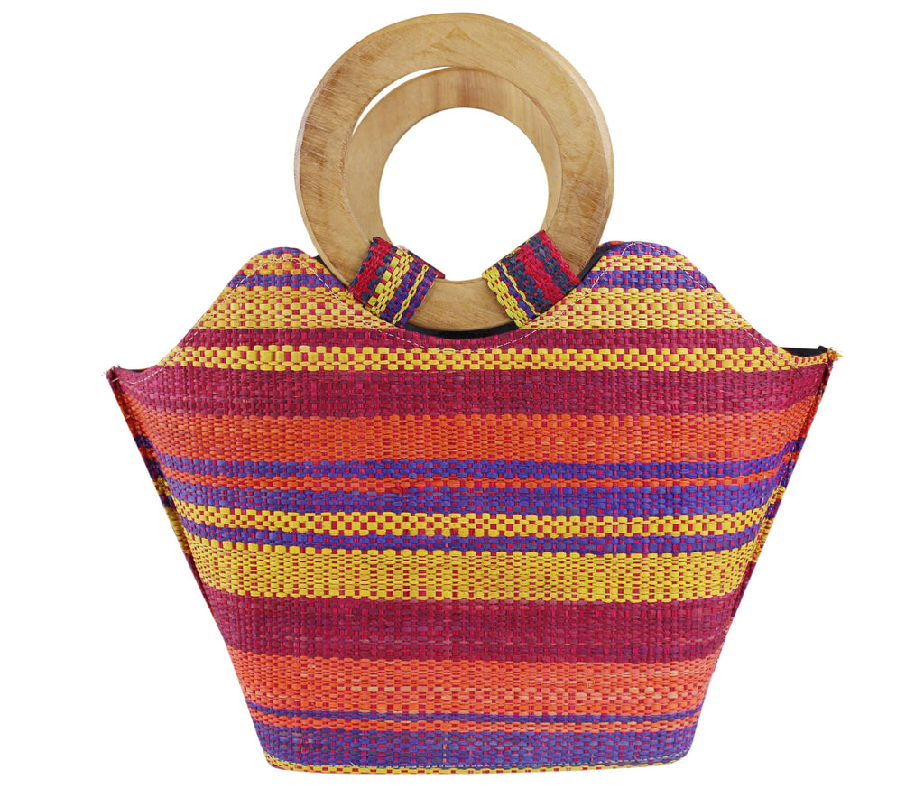 African Hand Woven Raffia Fibers Handbag with Wooden Handle