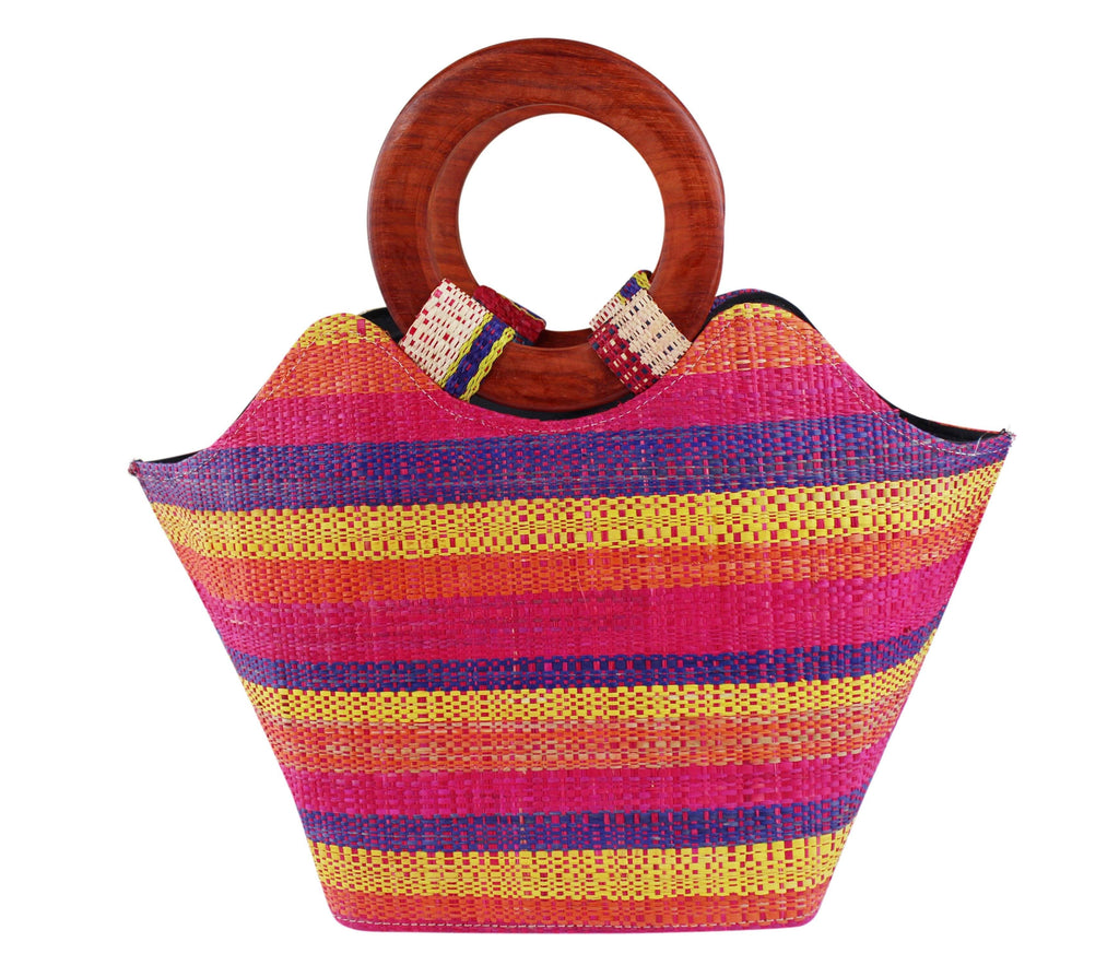 African Hand Woven Raffia Fibers Handbag with Wooden Handle