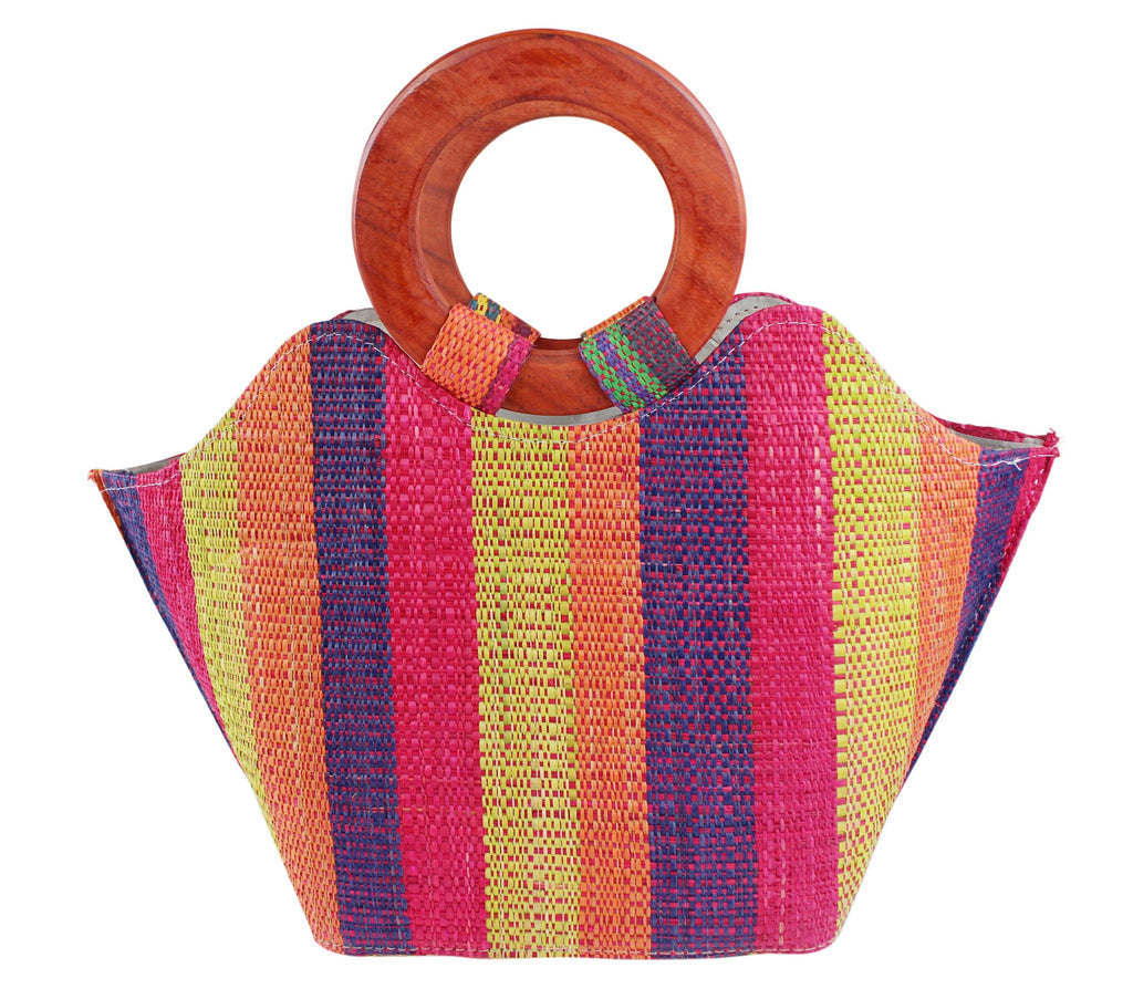 African Hand Woven Raffia Fibers Handbag with Wooden Handle