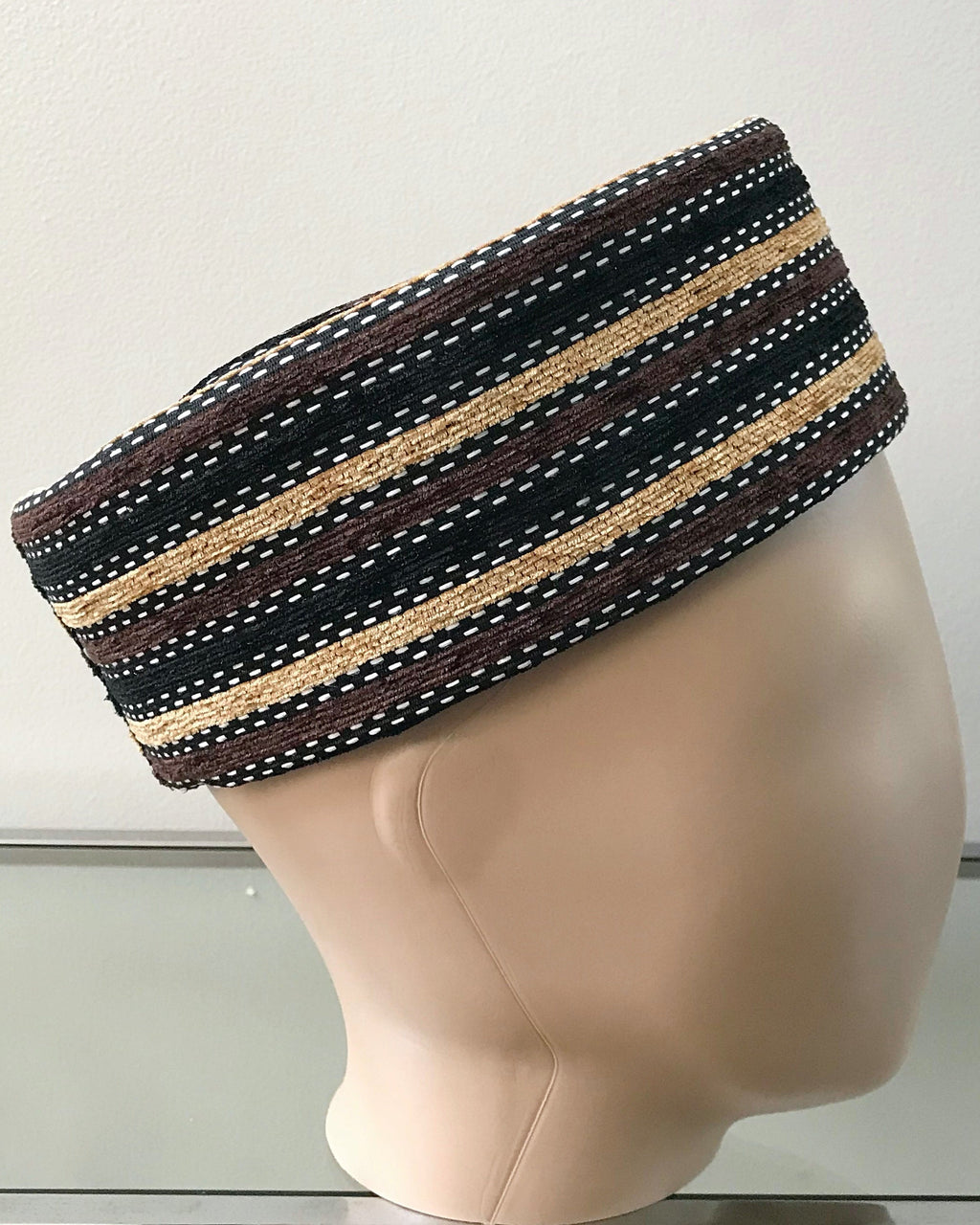 Brown & Black Stripe Print Velvet Hat for Men
